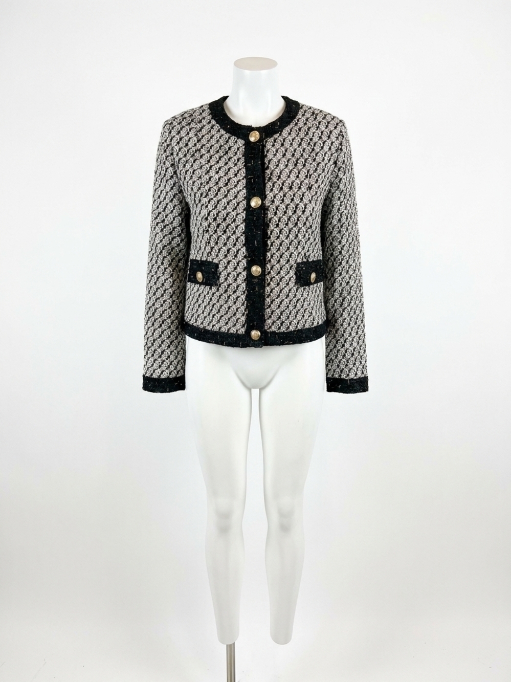 NEW VOY mixed tweed round neck cropped jacket in black/off white